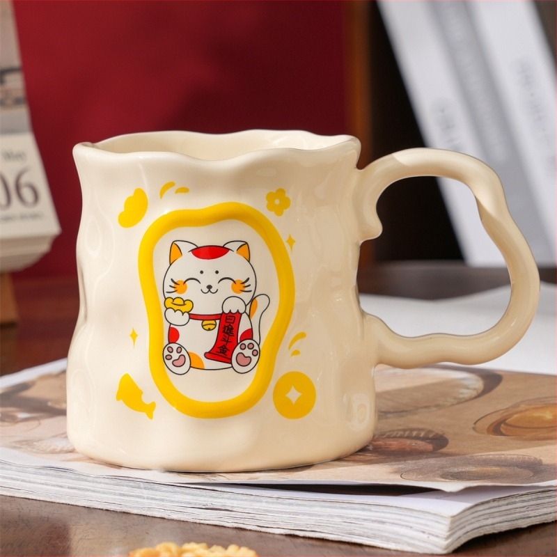 Kézzel festett kerámia bögre Maneki-Neko macskával, kínai stílusú, uniszex ajándék