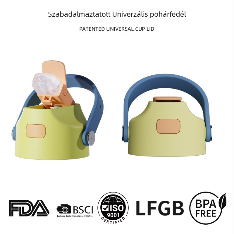 Űrös termosz fedél porvédővel, szilikon szájrész, leválasztható szívócső, fogantyú, hordozható, színek testreszabhatók