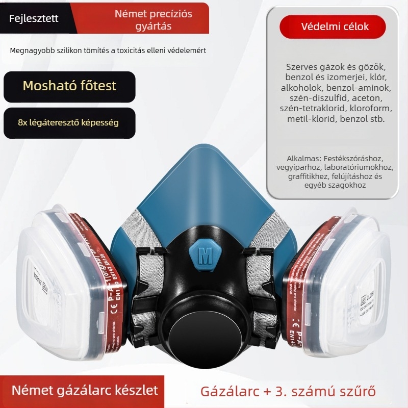 Fújott festéshez gázmaszk — formaldehid elleni védelem, toxikus és kémiai gázok, kén-dioxid és sűrű por elleni védelem