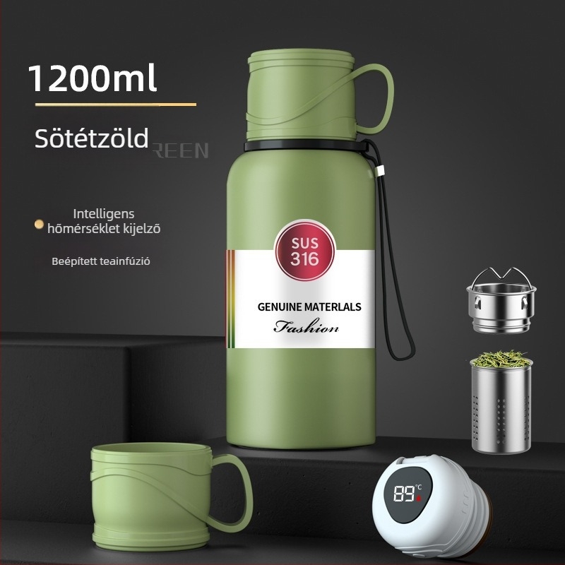 Intelligens hőmérséklet-kijelző rozsdamentes acél termosz teázó szeparátorral, hordozható, nagy kapacitású kültéri használatra
