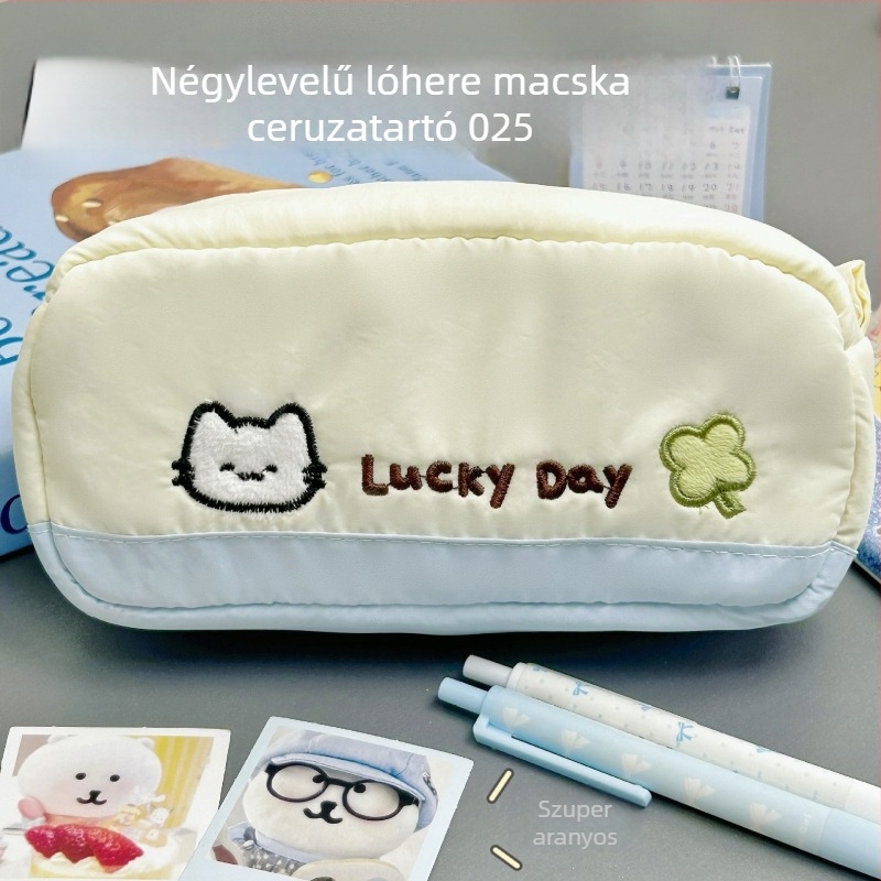 Vászon tolltartó macskás hímzéssel és négylevelű lóherével, nagy kapacitású