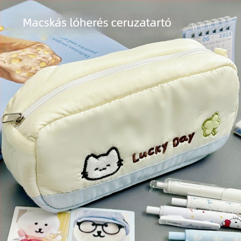 Vászon tolltartó macskás hímzéssel és négylevelű lóherével, nagy kapacitású