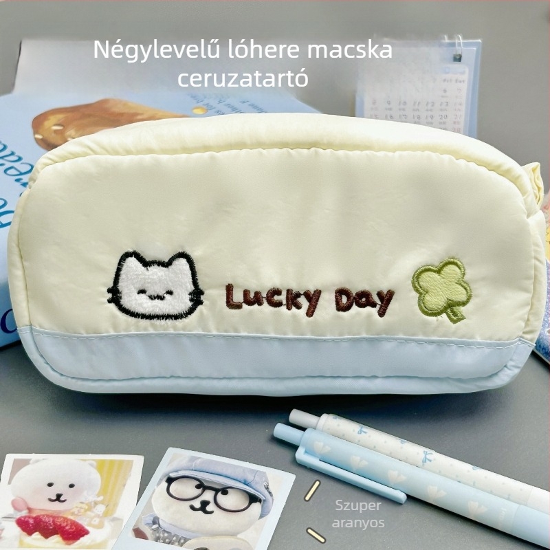 Vászon tolltartó macskás hímzéssel és négylevelű lóherével, nagy kapacitású