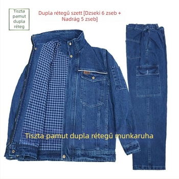 Pamutból készült denim munkaruha szett magas gallérral, őszi–téli időszakra, két rétegű hegesztővédőruha, kopásálló