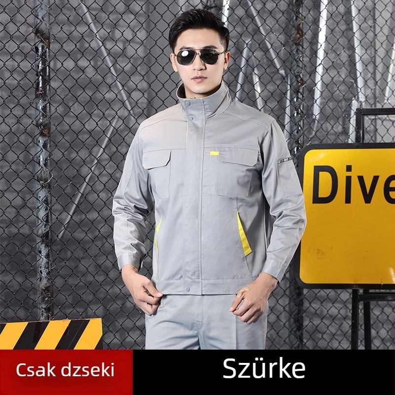 Férfiak számára készült hosszú ujjú munkaruha szett, kopásálló, gyárban, műhelyben és építkezésen használható, hímzett logóval