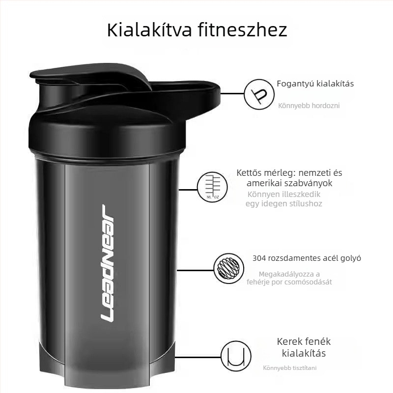 Shaker fehérje shake-ekhez és étkezéshelyettesítőkhöz, hordozható sportos vízpalack