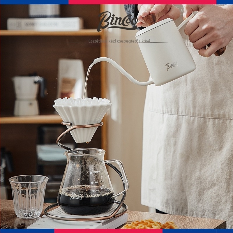 Bincoo Kézi pour-over kávéfőző készlet felhőmintás fa fogantyúval, rozsdamentes acélból, teljes otthoni készlet, kézi őrlő, hosszú kifolyóval kancsó