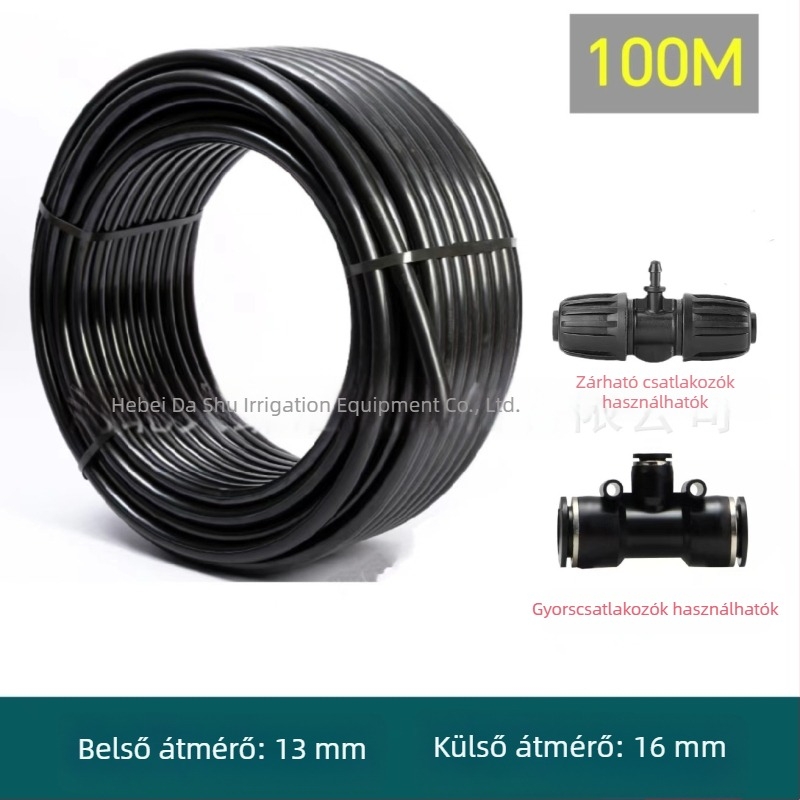 16 mm-es PE kertészeti öntözőcső automatikus öntözéssel, gyorscsatlakozós cső, mikropermetező fej és fővezeték kiegészítői