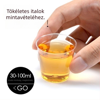 Egyszer használható kóstolópoharak, kis méretűek, átlátszó kemény műanyagból, vastagított kivitelben, teák és italok kóstolására, egyenként csomagolva
