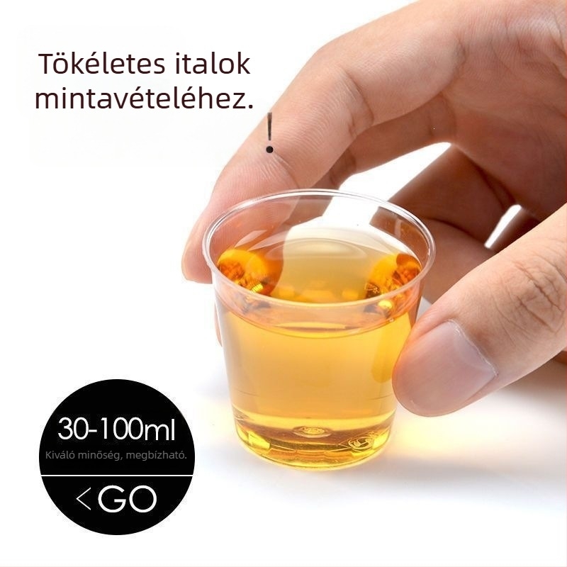Egyszer használható kóstolópoharak, kis méretűek, átlátszó kemény műanyagból, vastagított kivitelben, teák és italok kóstolására, egyenként csomagolva