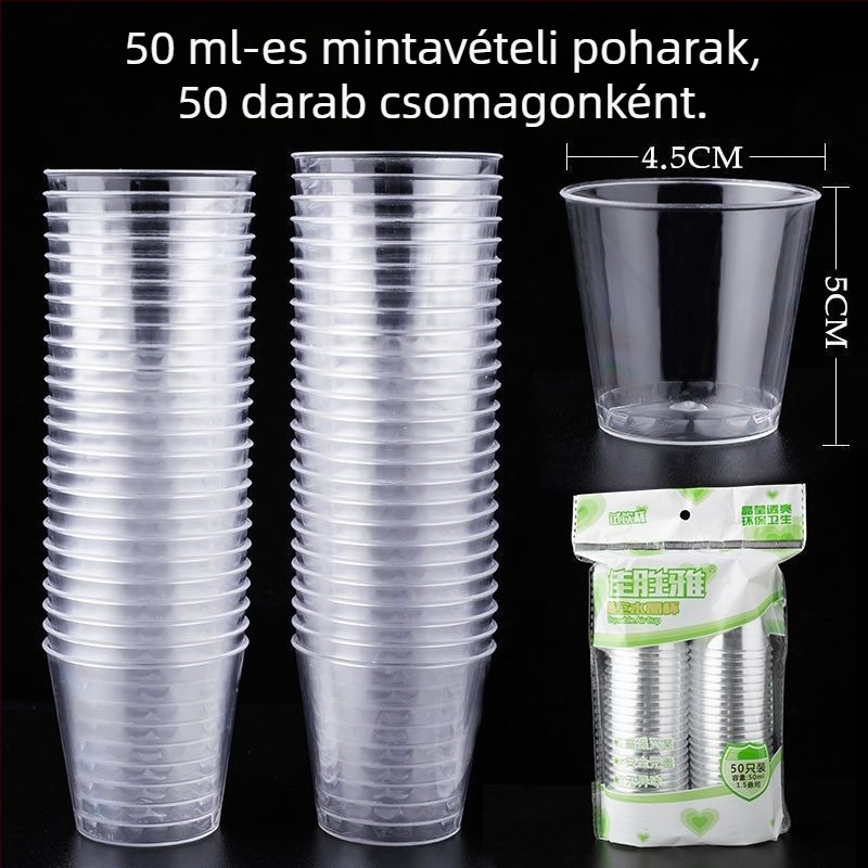 Egyszer használható kóstolópoharak, kis méretűek, átlátszó kemény műanyagból, vastagított kivitelben, teák és italok kóstolására, egyenként csomagolva