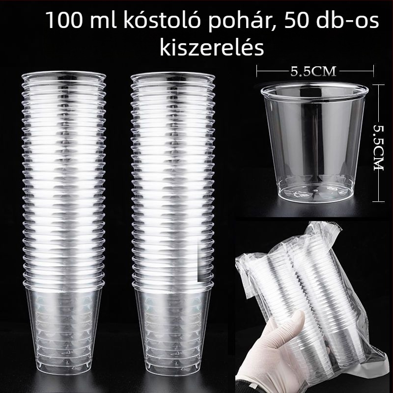 Egyszer használható kóstolópoharak, kis méretűek, átlátszó kemény műanyagból, vastagított kivitelben, teák és italok kóstolására, egyenként csomagolva