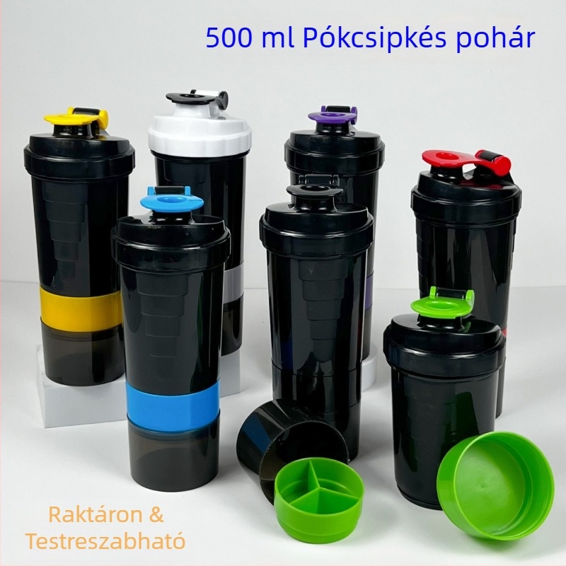 Három rekeszű shaker por- és gyógyszeres tartállyal – ideális fehérjeporhoz, sportitalokhoz és milkshake-hez, műanyag víz pohárral