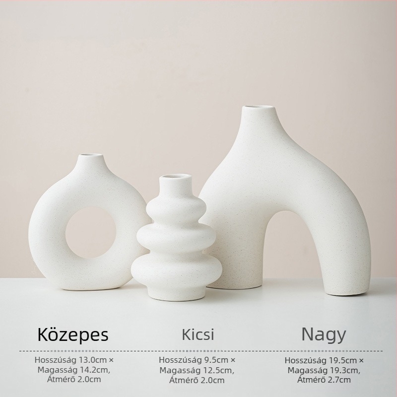 Bohemiai stílusú három darabos fehér kerámiavázak készlet kerek geometriai mintával, máz nélkül
