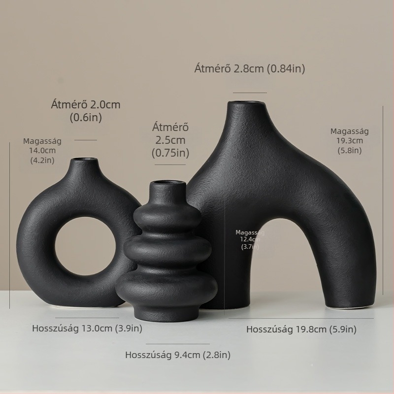 Bohemiai stílusú három darabos fehér kerámiavázak készlet kerek geometriai mintával, máz nélkül