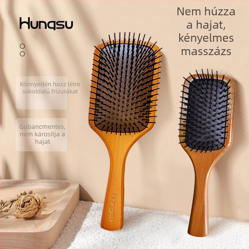 Női bükkfa hajkefe masszázs párnával, antistatikus, sima haj, meridián masszázs