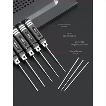 Modellező repülőgépekhez készült hatszögfejű csavarhúzó készlet, méretek 1.27/1.3/1.5/2.5 mm, 6-szög, hossz 0.9