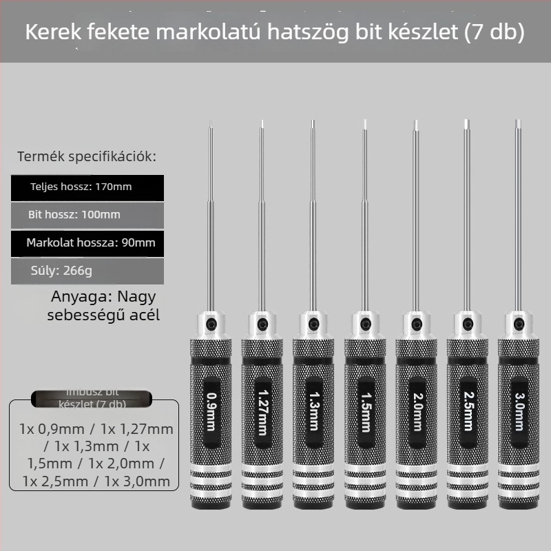 Modellező repülőgépekhez készült hatszögfejű csavarhúzó készlet, méretek 1.27/1.3/1.5/2.5 mm, 6-szög, hossz 0.9
