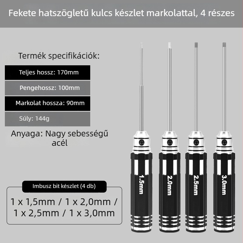Modellező repülőgépekhez készült hatszögfejű csavarhúzó készlet, méretek 1.27/1.3/1.5/2.5 mm, 6-szög, hossz 0.9