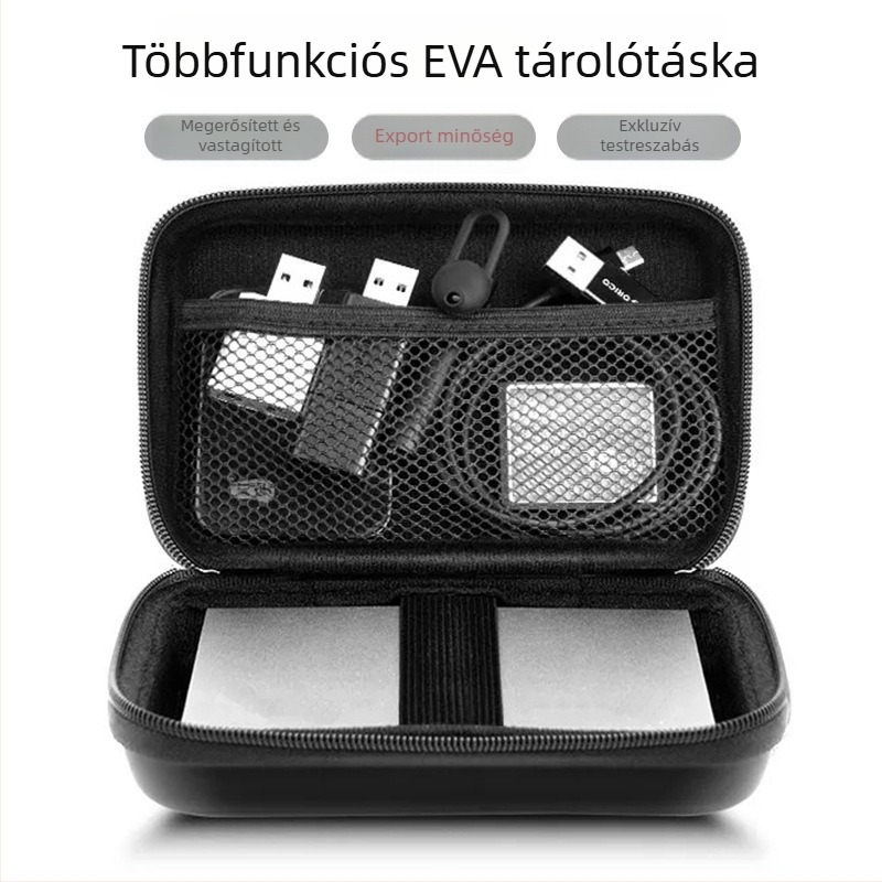 Eva fülhallgató tok és elektronikai kiegészítők csomagolása: külső akkumulátor, adatkábel, merevlemez tároló táska, vezeték nélküli töltő