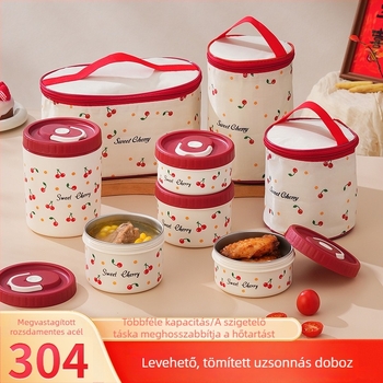 304 rozsdamentes acél ebédes doboz készlet – mélyített, mikrohullámú sütőbe tehető, hordozható, több rétegű Bento doboz légmentesen záródó, cseresznyés motívummal
