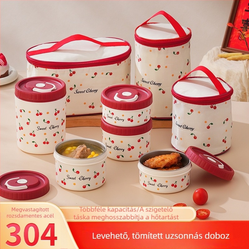 304 rozsdamentes acél ebédes doboz készlet – mélyített, mikrohullámú sütőbe tehető, hordozható, több rétegű Bento doboz légmentesen záródó, cseresznyés motívummal