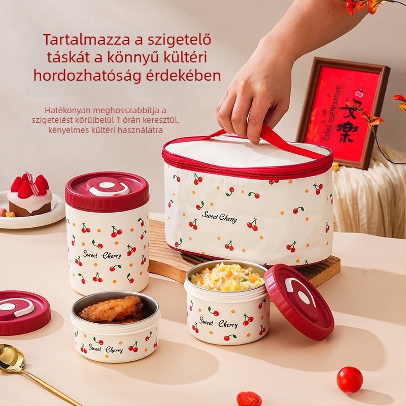 304 rozsdamentes acél ebédes doboz készlet – mélyített, mikrohullámú sütőbe tehető, hordozható, több rétegű Bento doboz légmentesen záródó, cseresznyés motívummal