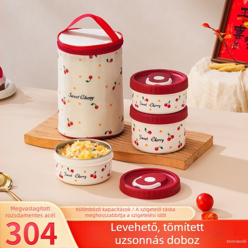 304 rozsdamentes acél ebédes doboz készlet – mélyített, mikrohullámú sütőbe tehető, hordozható, több rétegű Bento doboz légmentesen záródó, cseresznyés motívummal