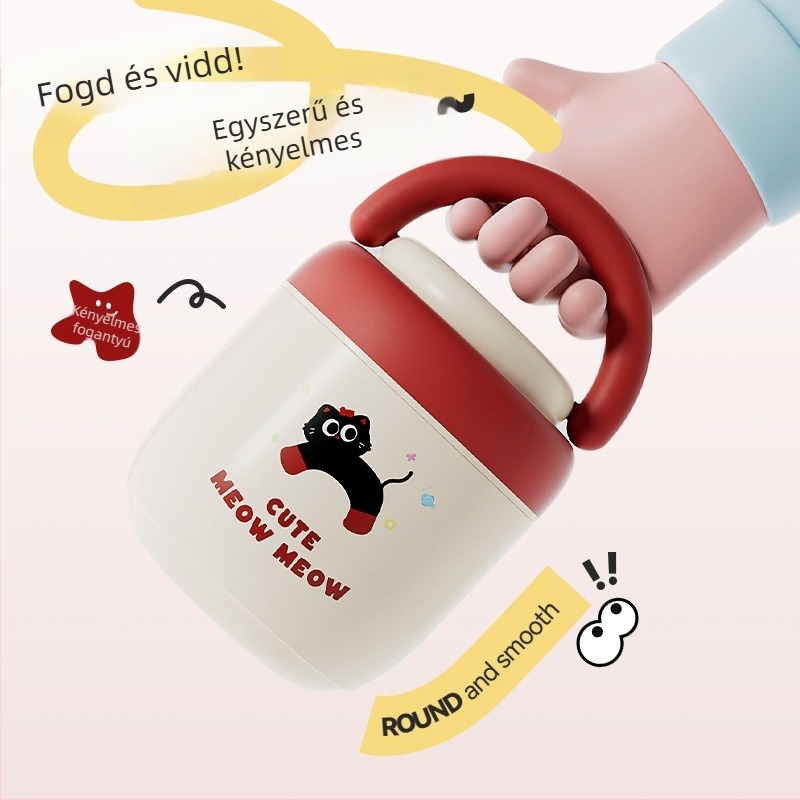 Vákuum-szigetelt ebédes edény 304-es rozsdamentes acélból, rajzfilm mintájú dizájn, dupla rekesz, zárt, szivárgásmentes, 1,2 L