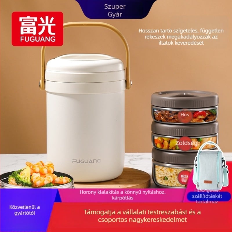 Fuguang szigetelt ebédbox, rozsdamentes acél, élelmiszer-minőség, háromrétegű vákuum dizájn, hordozható irodai dolgozóknak, kapacitás 1.8L vagy 2.2L