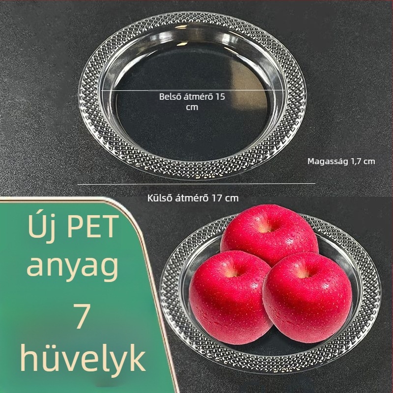 Egyszer használatos műanyag tányérok, átlátszóak, vastagítottak, nagy méretűek – háztartási használatra, piknikhez, büféhez, gyümölcsökhöz és desszertekhez