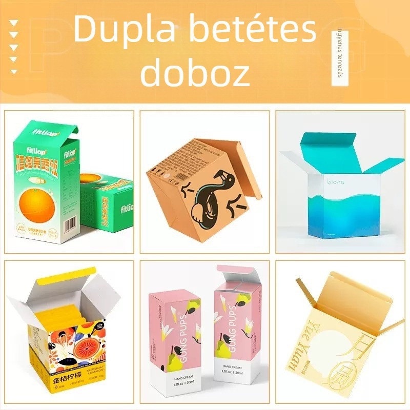 Kozmetikai csomagoláshoz készült testreszabható doboz ezüst karton felülettel, színes doboz, fehér karton doboz, dupla betétes doboz, hullámkarton repülő doboz, papírtáska, logó nyomtatás