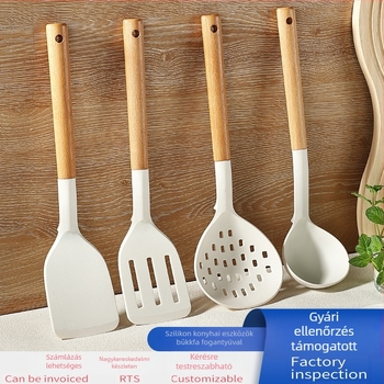 Szilikon konyhai eszközök bükkfa nyéllel: spatula, leveskanál, szűrőkanál és serpenyő spatula tapadásmentes edényekhez