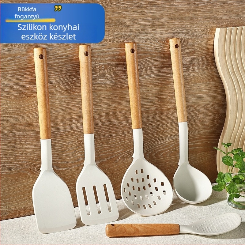 Szilikon konyhai eszközök bükkfa nyéllel: spatula, leveskanál, szűrőkanál és serpenyő spatula tapadásmentes edényekhez