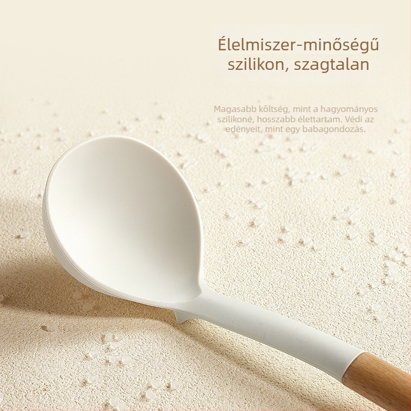 Szilikon konyhai eszközök bükkfa nyéllel: spatula, leveskanál, szűrőkanál és serpenyő spatula tapadásmentes edényekhez