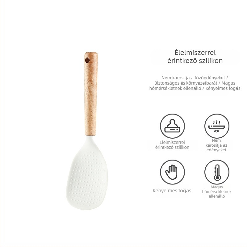 Szilikon konyhai eszközök bükkfa nyéllel: spatula, leveskanál, szűrőkanál és serpenyő spatula tapadásmentes edényekhez