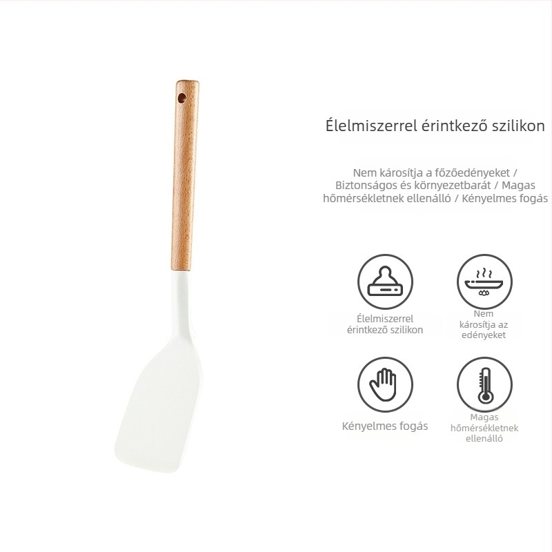 Szilikon konyhai eszközök bükkfa nyéllel: spatula, leveskanál, szűrőkanál és serpenyő spatula tapadásmentes edényekhez