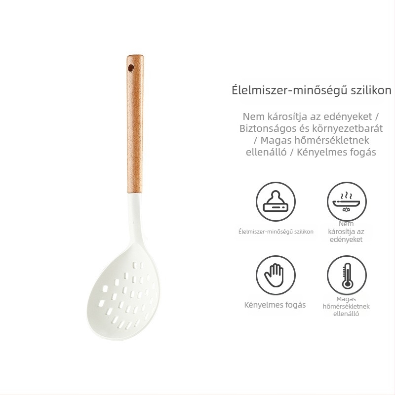 Szilikon konyhai eszközök bükkfa nyéllel: spatula, leveskanál, szűrőkanál és serpenyő spatula tapadásmentes edényekhez