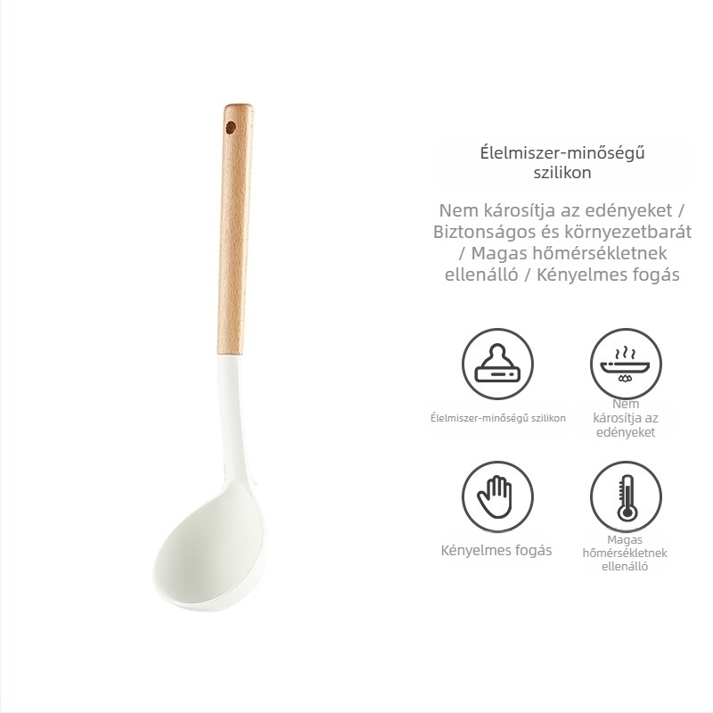 Szilikon konyhai eszközök bükkfa nyéllel: spatula, leveskanál, szűrőkanál és serpenyő spatula tapadásmentes edényekhez