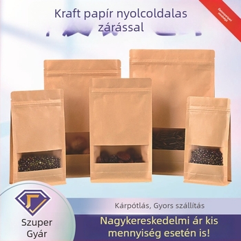 ablakos kraft papírzacskó, álló kivitel, zárható élelmiszer-csomagoláshoz diófélék számára