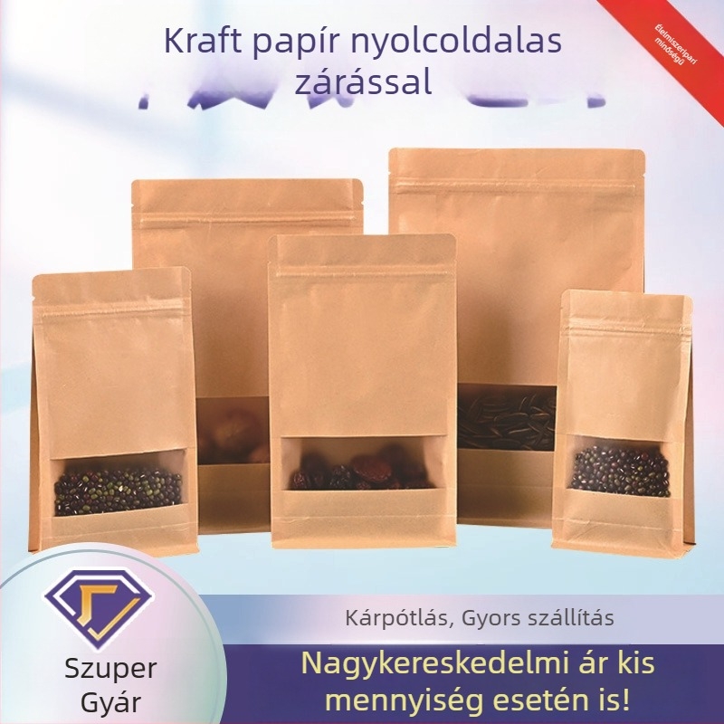 ablakos kraft papírzacskó, álló kivitel, zárható élelmiszer-csomagoláshoz diófélék számára