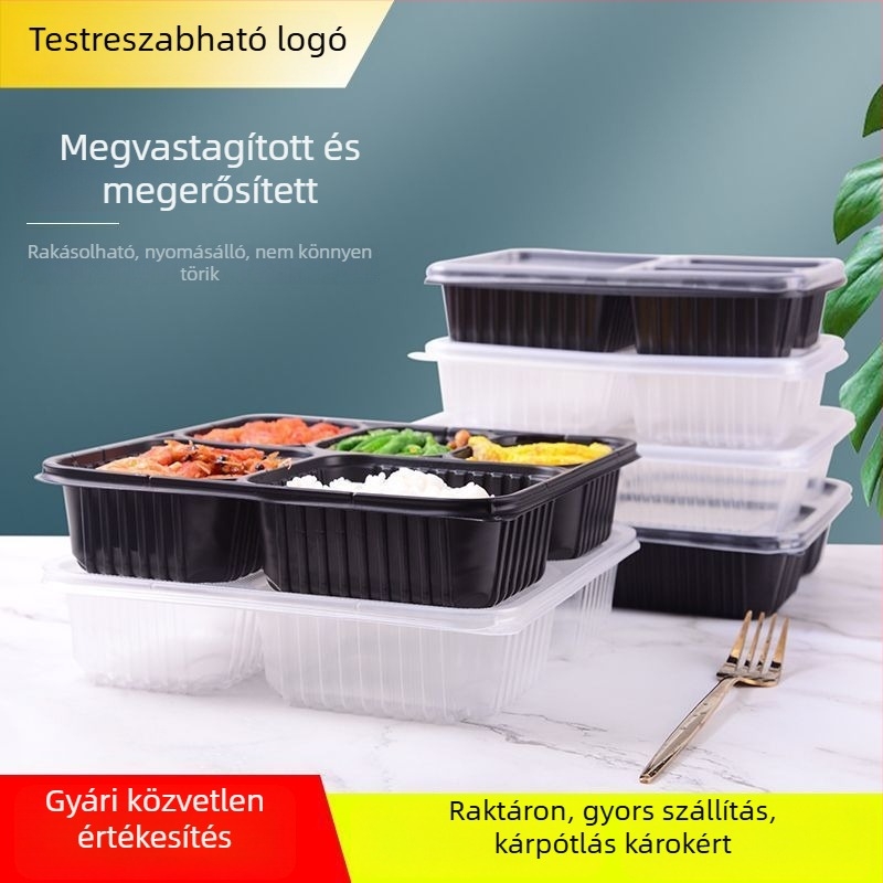 Egyszer használatos ebéddoboz, négy–hat rekesz, leveses tál, vastagított műanyag, Bento-stílusú csomagolás