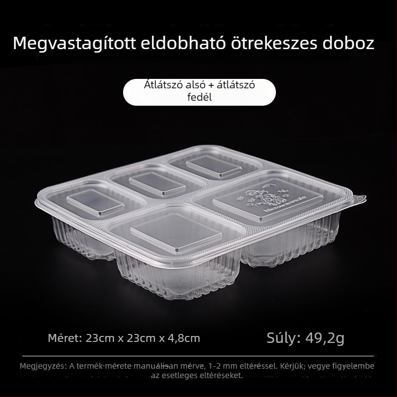Egyszer használatos ebéddoboz, négy–hat rekesz, leveses tál, vastagított műanyag, Bento-stílusú csomagolás