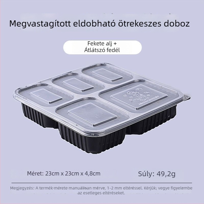Egyszer használatos ebéddoboz, négy–hat rekesz, leveses tál, vastagított műanyag, Bento-stílusú csomagolás