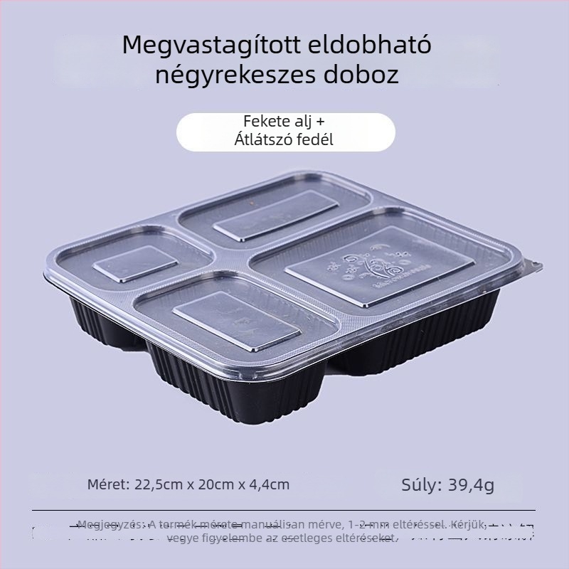 Egyszer használatos ebéddoboz, négy–hat rekesz, leveses tál, vastagított műanyag, Bento-stílusú csomagolás