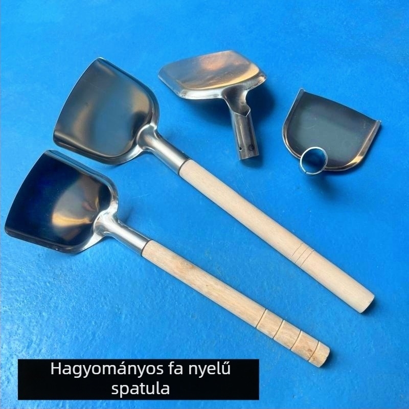 Megvastított vintage rozsdamentes acél spatula otthoni főzéshez, nagy konyhai spatula fa nyéllel, égés elleni védelem, hagyományos stílus