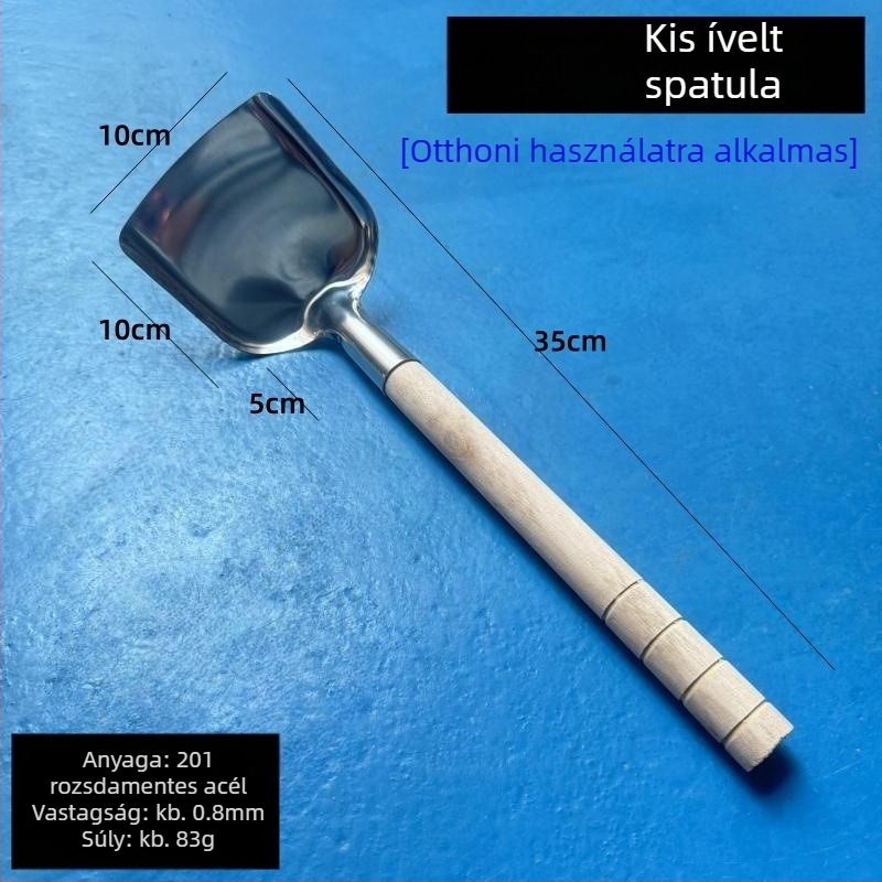 Megvastított vintage rozsdamentes acél spatula otthoni főzéshez, nagy konyhai spatula fa nyéllel, égés elleni védelem, hagyományos stílus