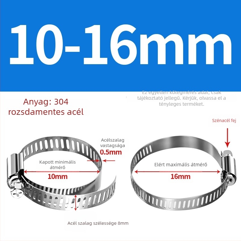 201 rozsdamentes acél tömlő- és csőbilincs, alkalmas víz- és gázvezetékekhez, erős, méret-tartomány 10–130 mm