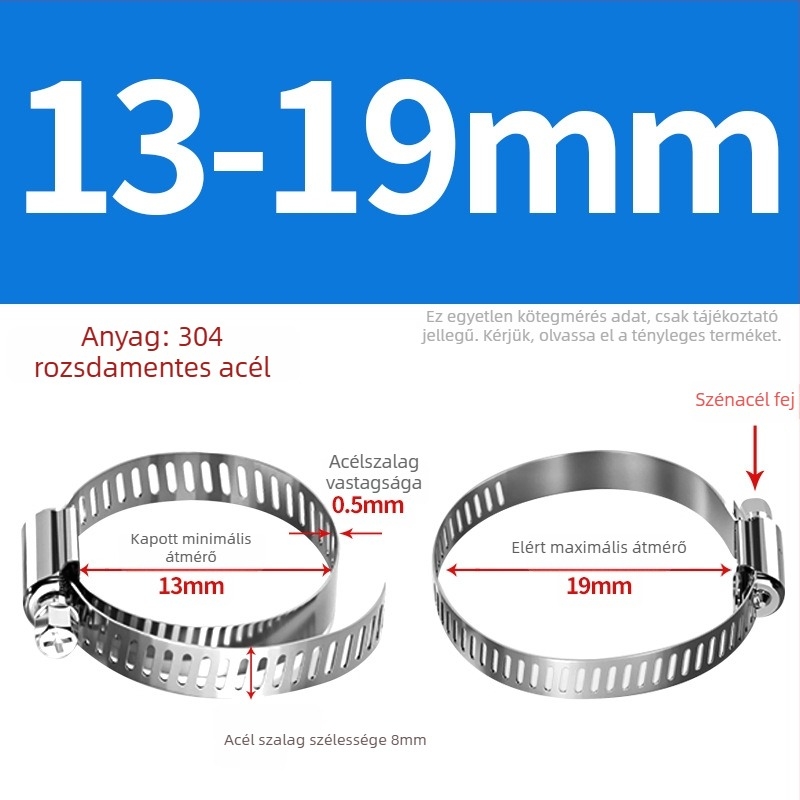 201 rozsdamentes acél tömlő- és csőbilincs, alkalmas víz- és gázvezetékekhez, erős, méret-tartomány 10–130 mm