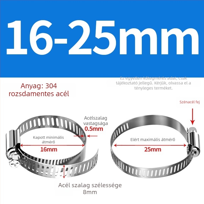 201 rozsdamentes acél tömlő- és csőbilincs, alkalmas víz- és gázvezetékekhez, erős, méret-tartomány 10–130 mm